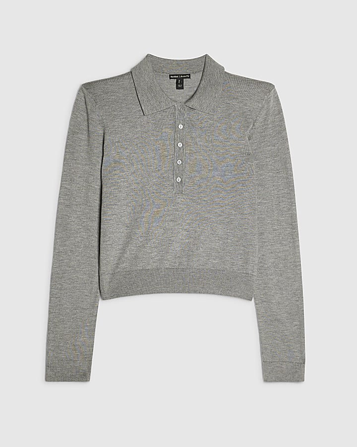 Grey Knit Shoulder Pad Polo Top