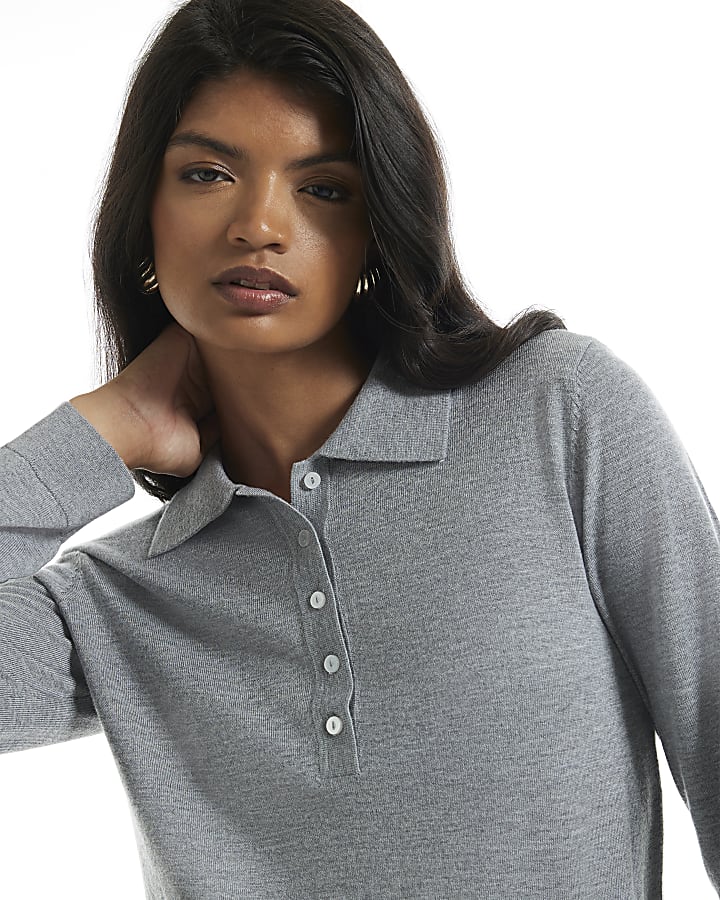 Grey Knit Shoulder Pad Polo Top