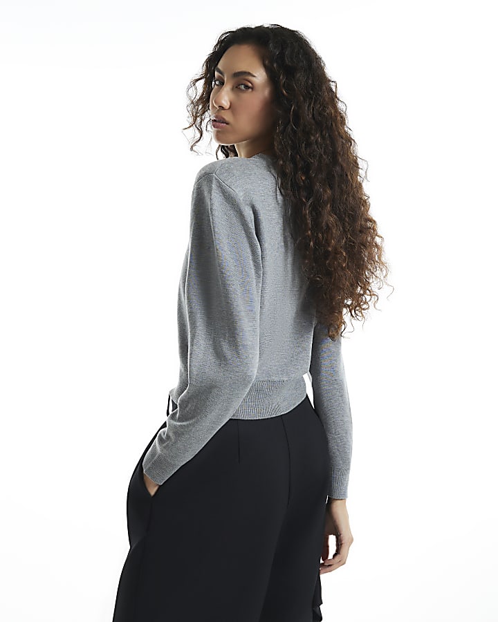 Grey Shoulder Pad Crew Neck Jumper