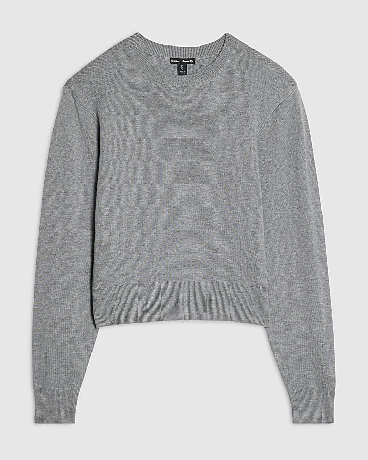 Grey Shoulder Pad Crew Neck Jumper