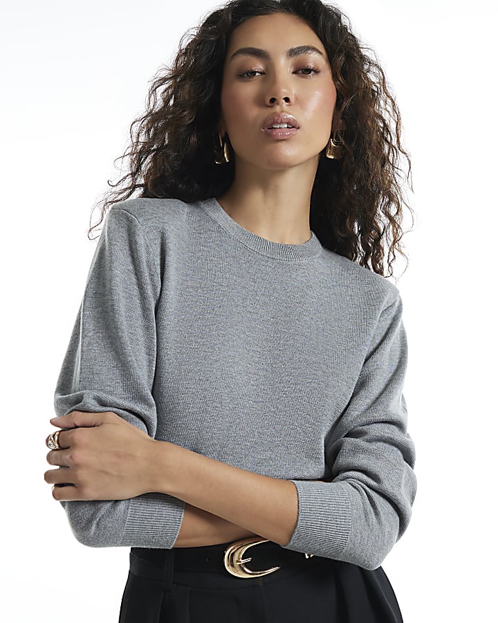 Grey Shoulder Pad Crew Neck Jumper