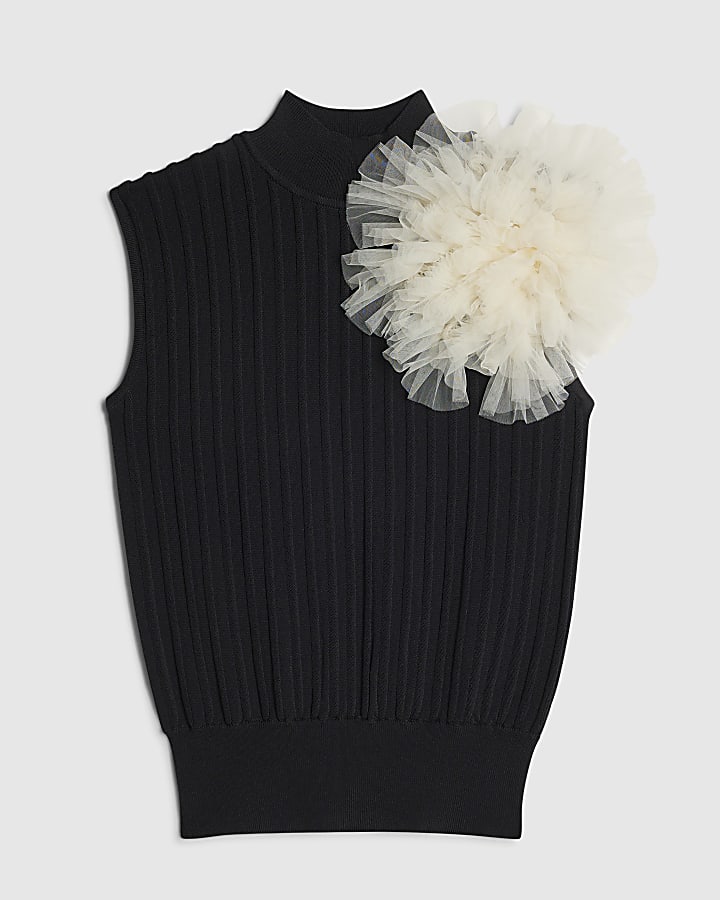 Black Organza Rib Knit Tank Top