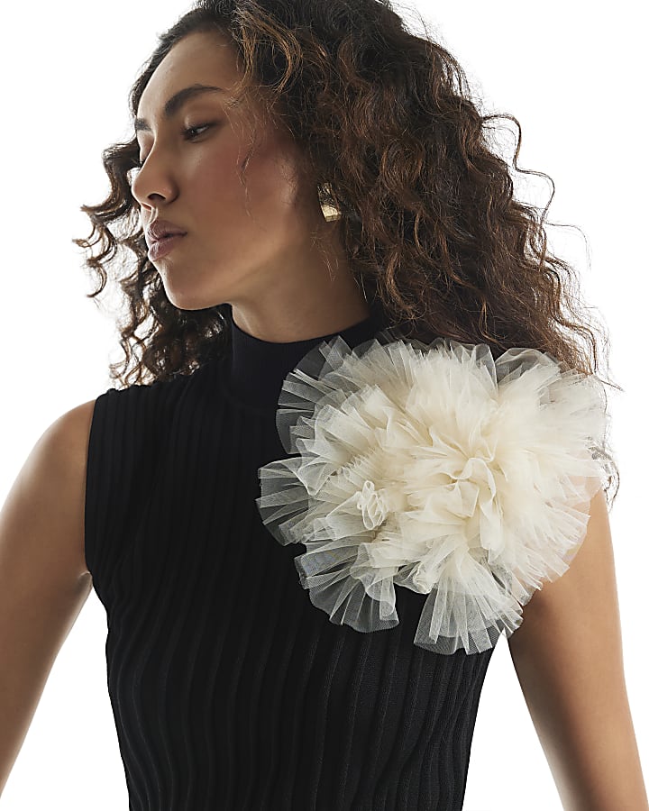 Black Organza Rib Knit Tank Top