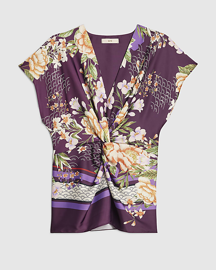 Purple Twist Front Floral Top