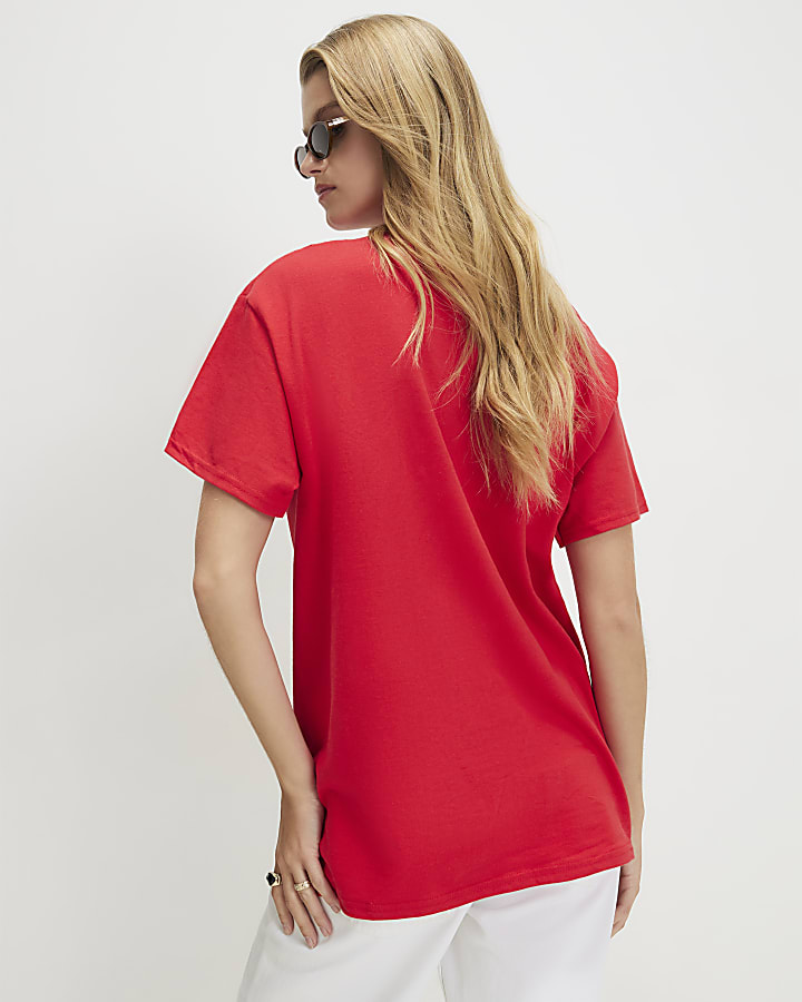 Red Cotton 98 Leopard Print Boyfriend T-shirt