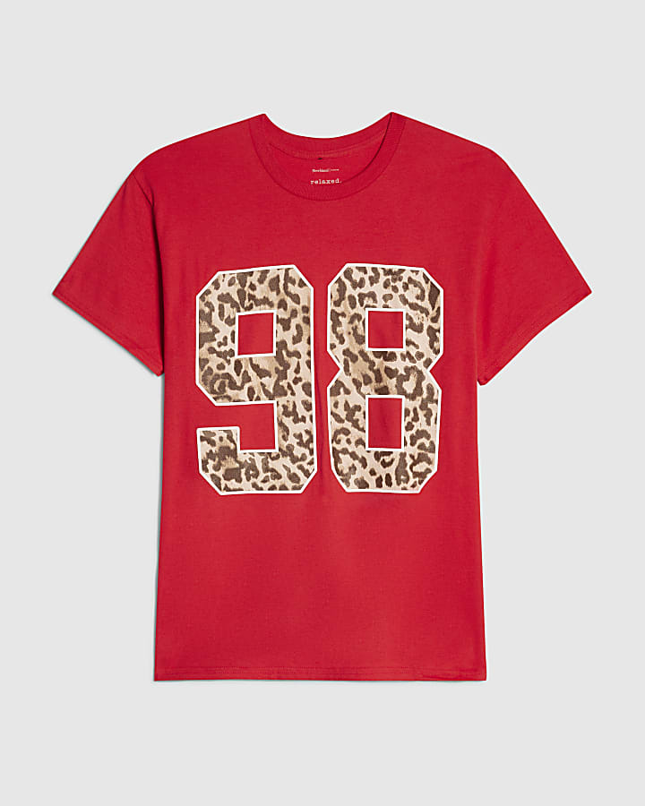 Red Cotton 98 Leopard Print Boyfriend T-shirt