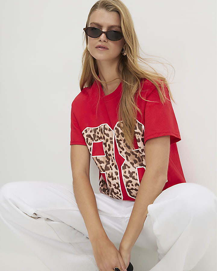 Red Cotton 98 Leopard Print Boyfriend T-shirt