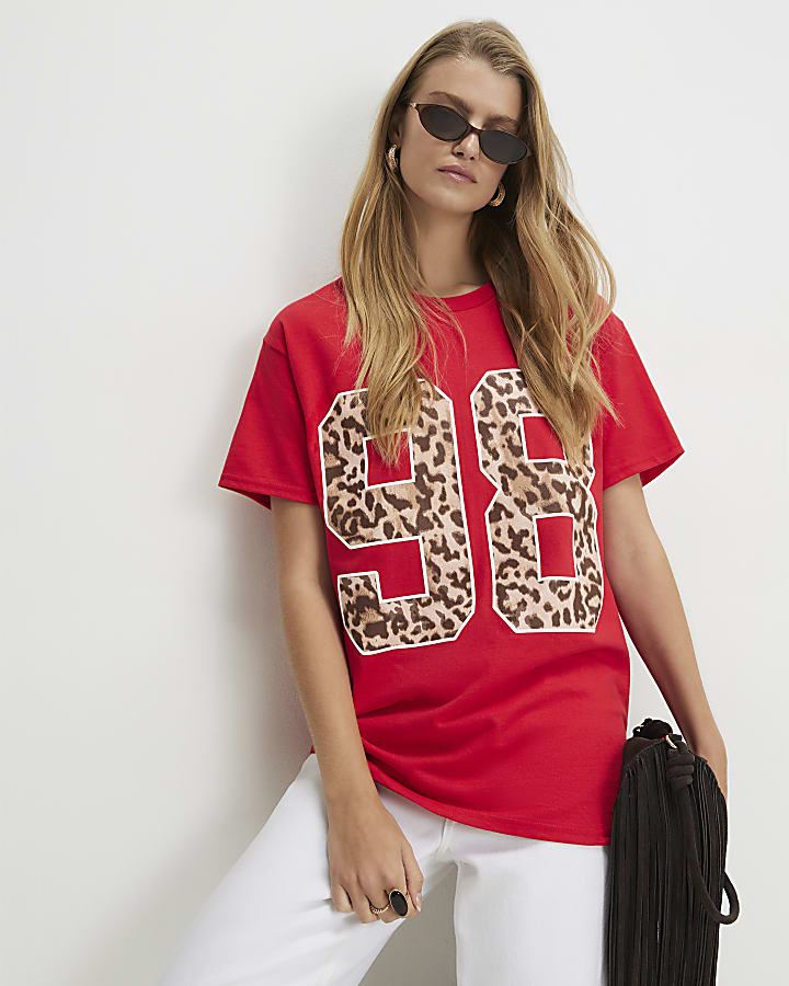 Red Cotton 98 Leopard Print Boyfriend T-shirt