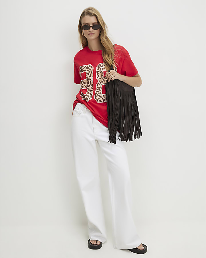 Red Cotton 98 Leopard Print Boyfriend T-shirt