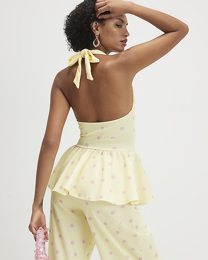 Yellow Spot Print Halter Neck Peplum Top