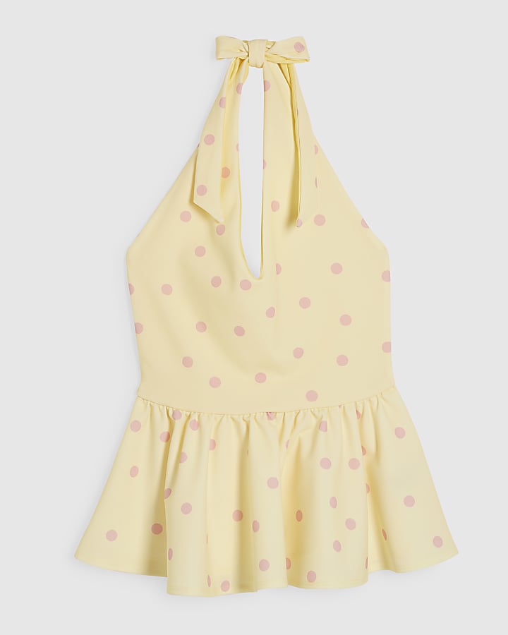 Yellow Spot Print Halter Neck Peplum Top