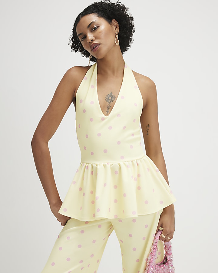 Yellow Spot Print Halter Neck Peplum Top