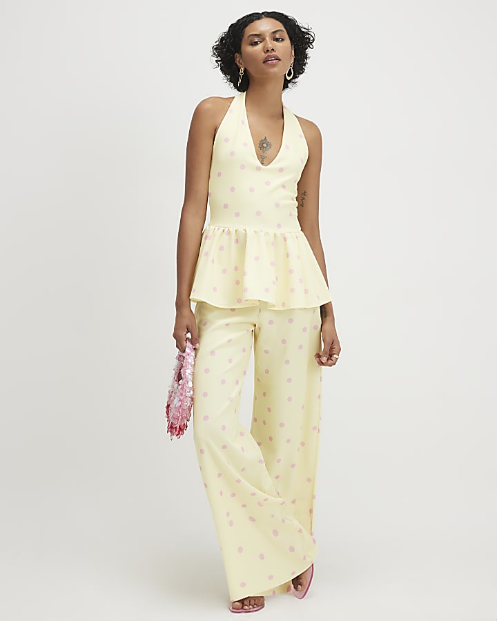 Yellow Spot Print Halter Neck Peplum Top