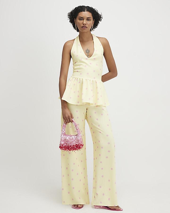 Yellow Spot Print Wide Leg Trousers