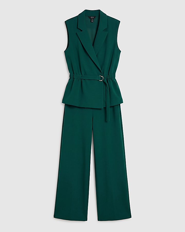 Green Elasticated Waist Belted Jumpsuit