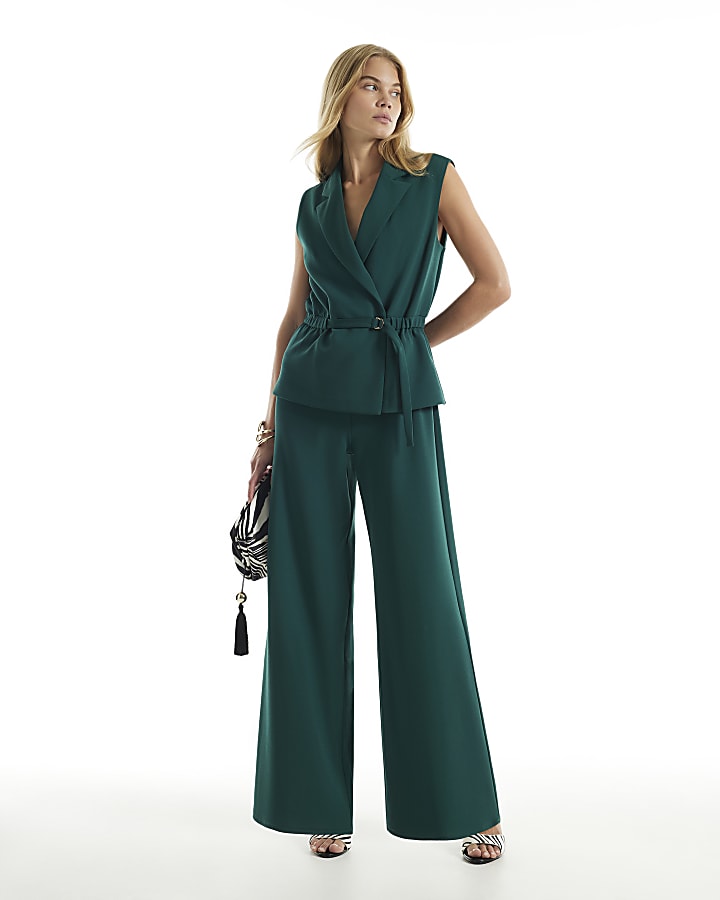 Green Elasticated Waist Belted Jumpsuit