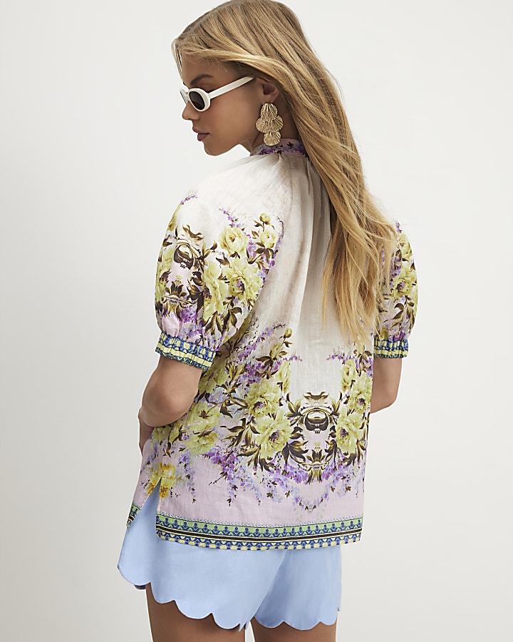Cream Floral Puff Sleeve Blouse