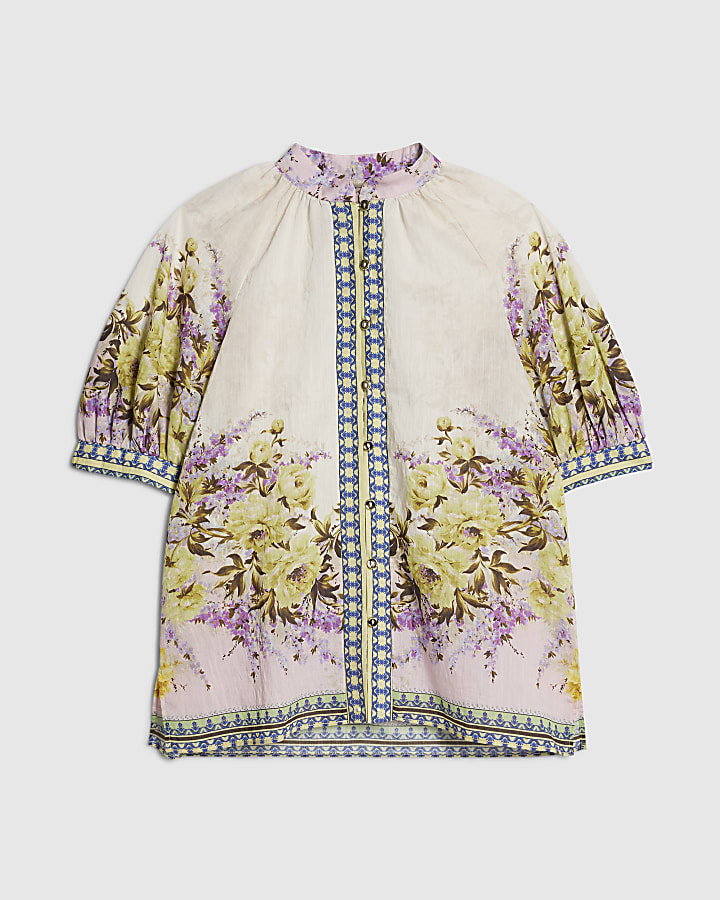 Cream Floral Puff Sleeve Blouse
