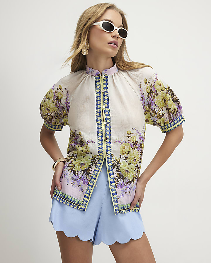 Cream Floral Puff Sleeve Blouse