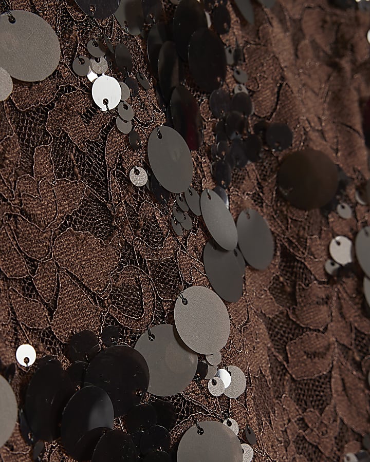 Brown Short Sleeve Drape Sequin Lace Top