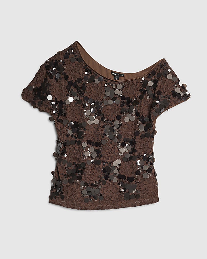 Brown Short Sleeve Drape Sequin Lace Top