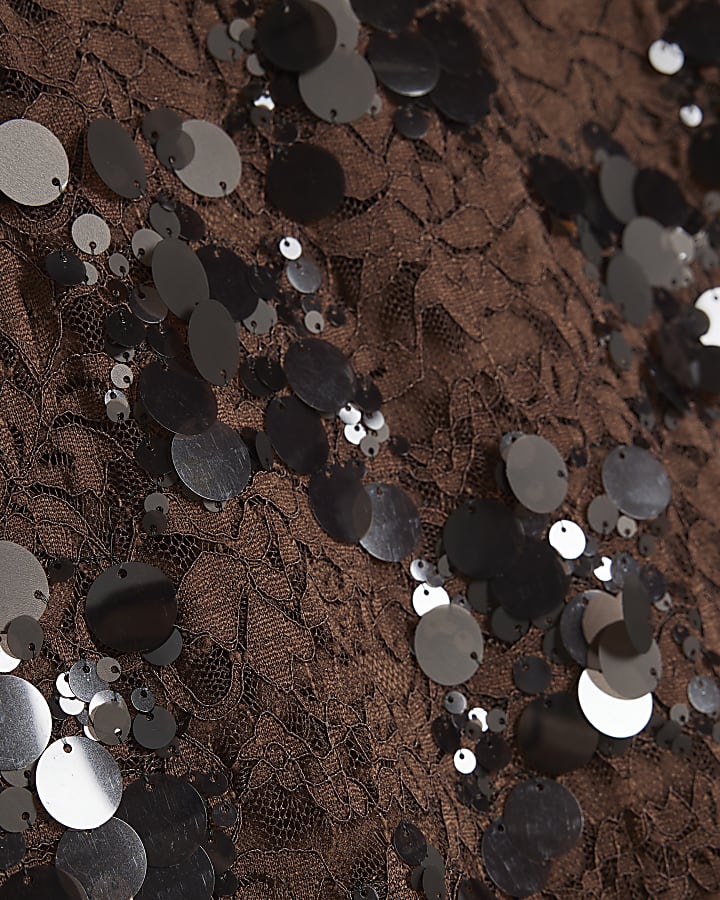 Brown Sequin Lace Maxi Skirt