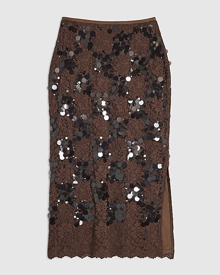 Brown Sequin Lace Maxi Skirt