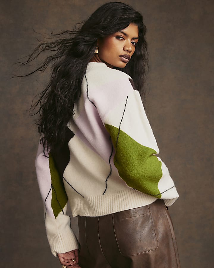 Cream Argyle Crew Neck Oversized Jumper