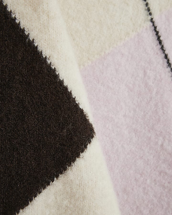 Cream Argyle Crew Neck Oversized Jumper