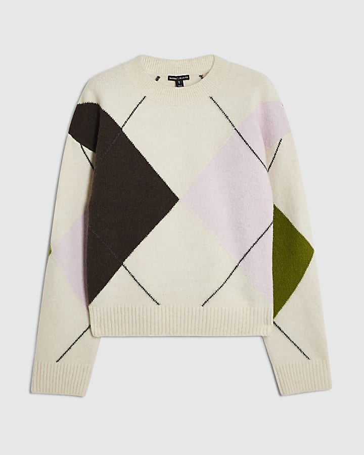 Cream Argyle Crew Neck Oversized Jumper
