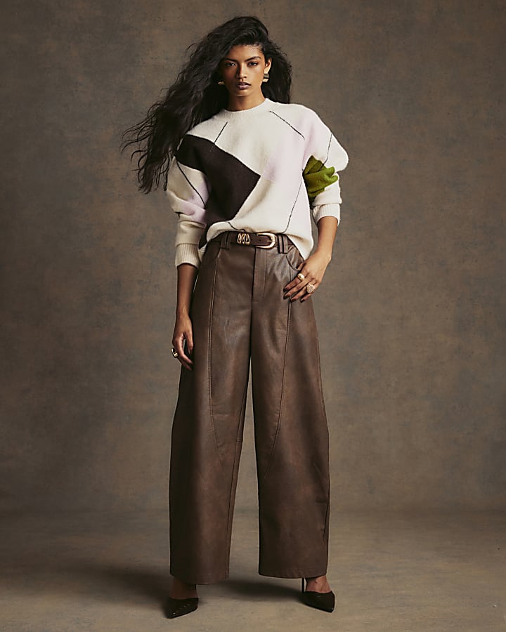 Cream Argyle Crew Neck Oversized Jumper