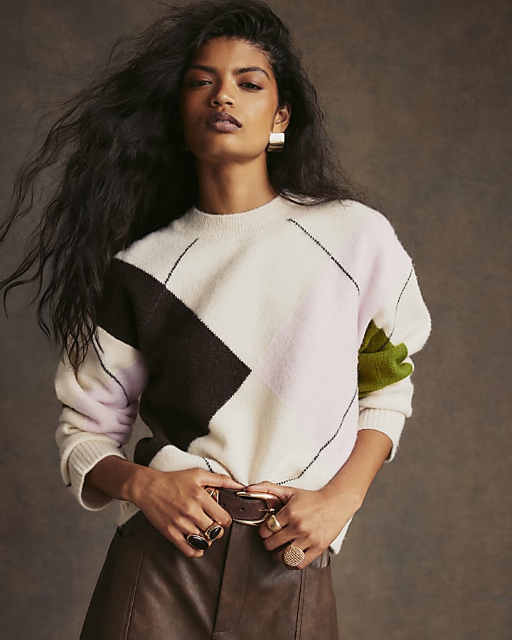 Cream Argyle Crew Neck Oversized Jumper
