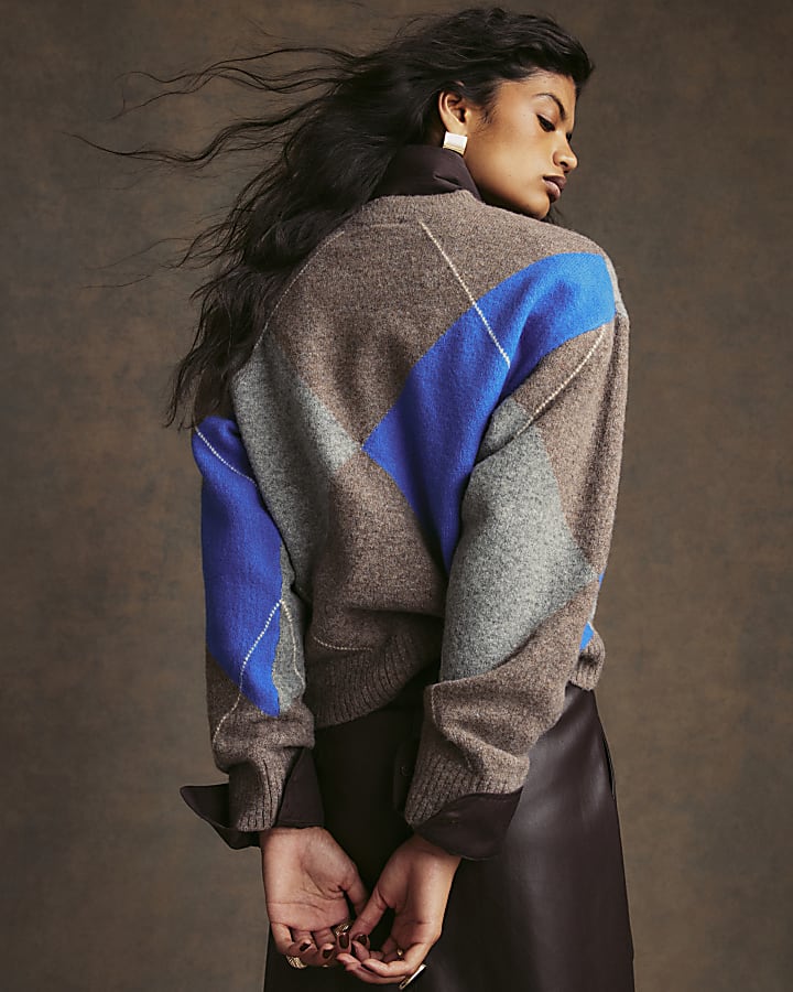 Brown Argyle Crew Neck Oversized Jumper