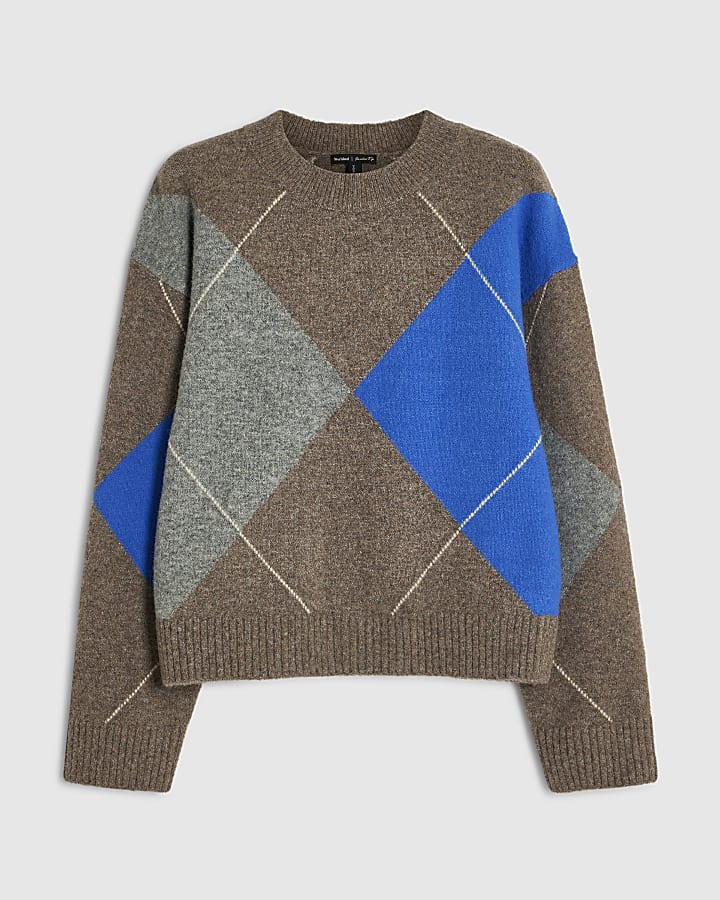 Brown Argyle Crew Neck Oversized Jumper