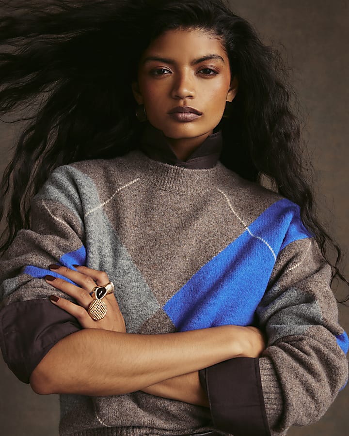 Brown Argyle Crew Neck Oversized Jumper