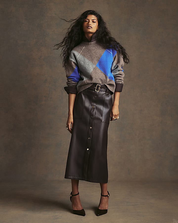 Brown Argyle Crew Neck Oversized Jumper