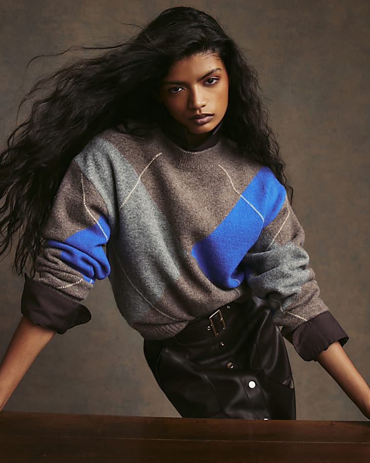 Brown Argyle Crew Neck Oversized Jumper