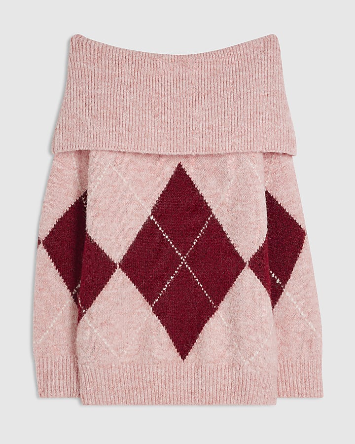 Pink Argyle Knit Bardot Jumper