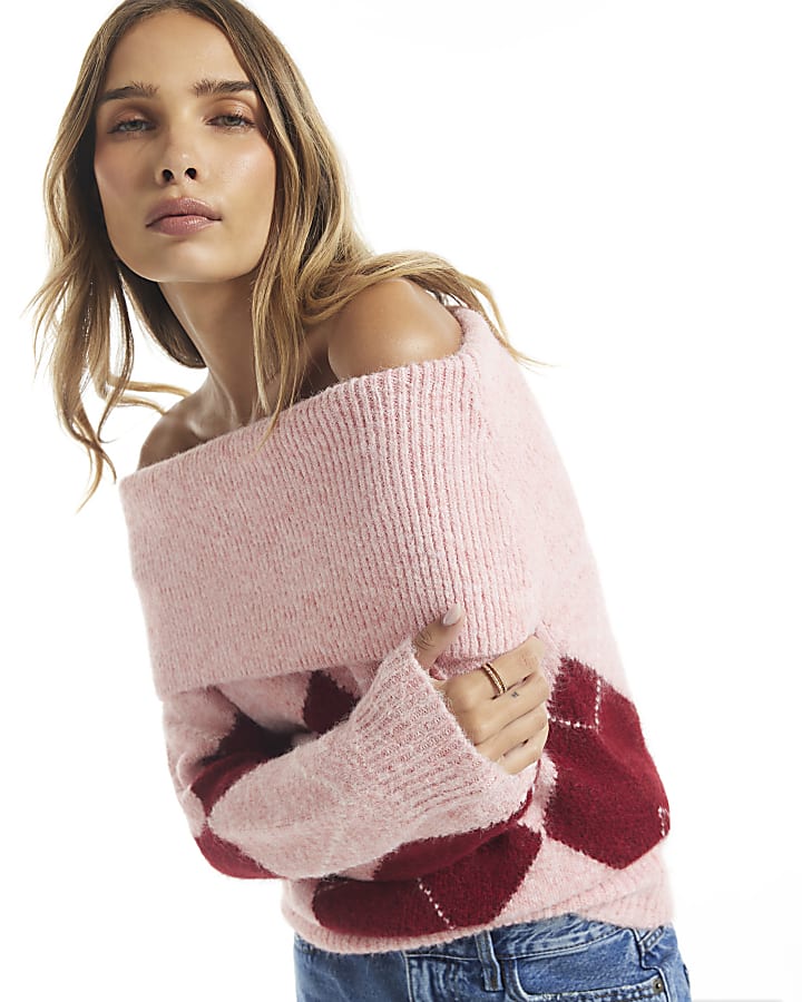 Pink Argyle Knit Bardot Jumper