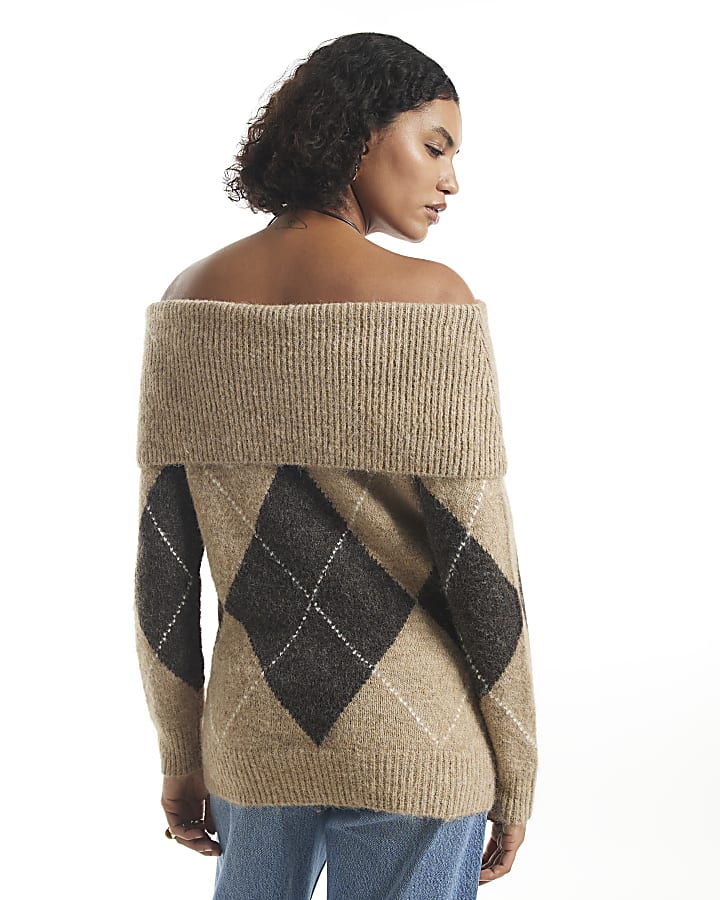Beige Argyle Knit Bardot Jumper