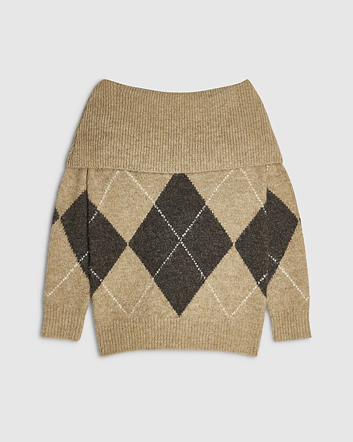 Beige Argyle Knit Bardot Jumper
