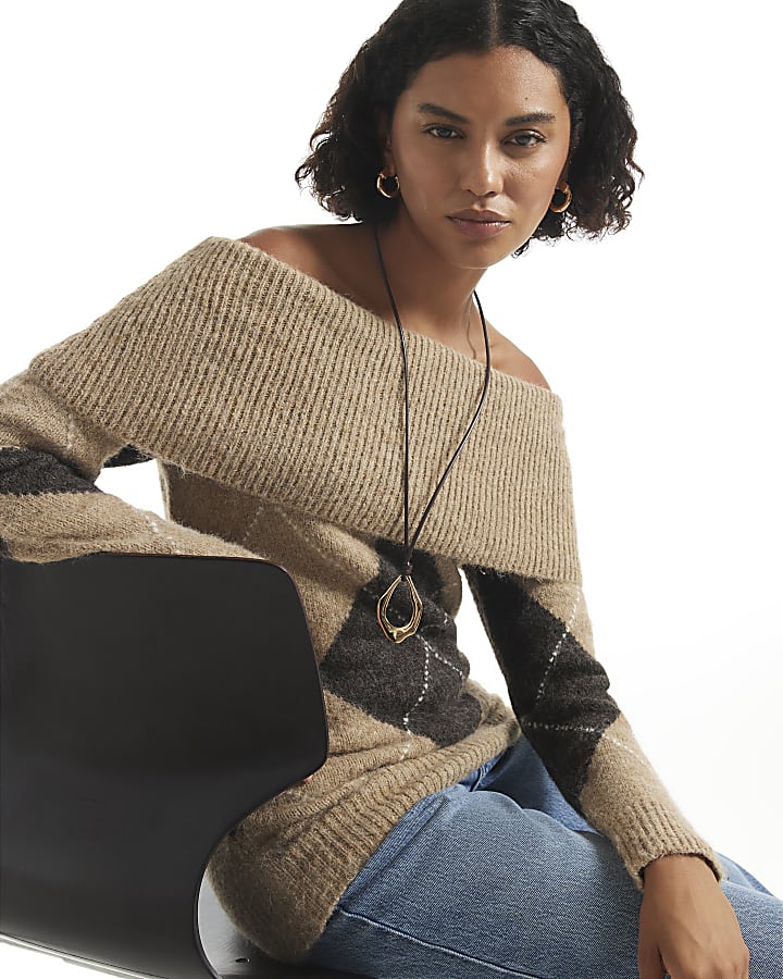 Beige Argyle Knit Bardot Jumper
