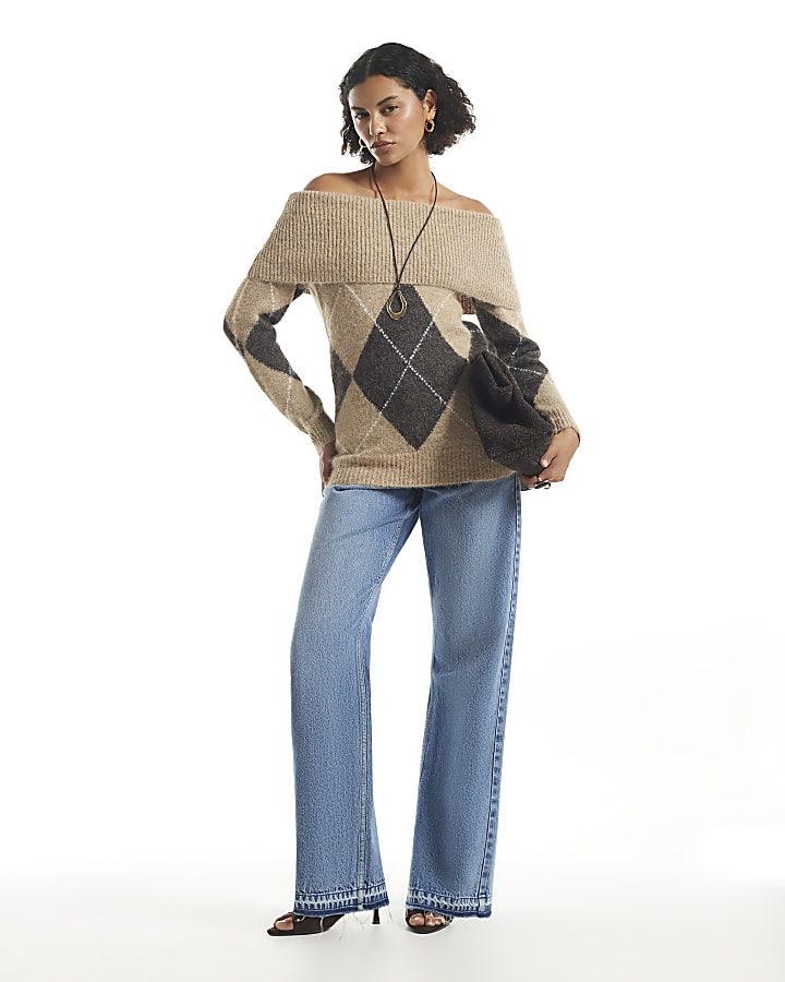 Beige Argyle Knit Bardot Jumper