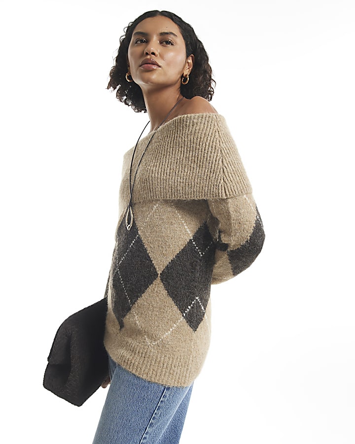 Beige Argyle Knit Bardot Jumper