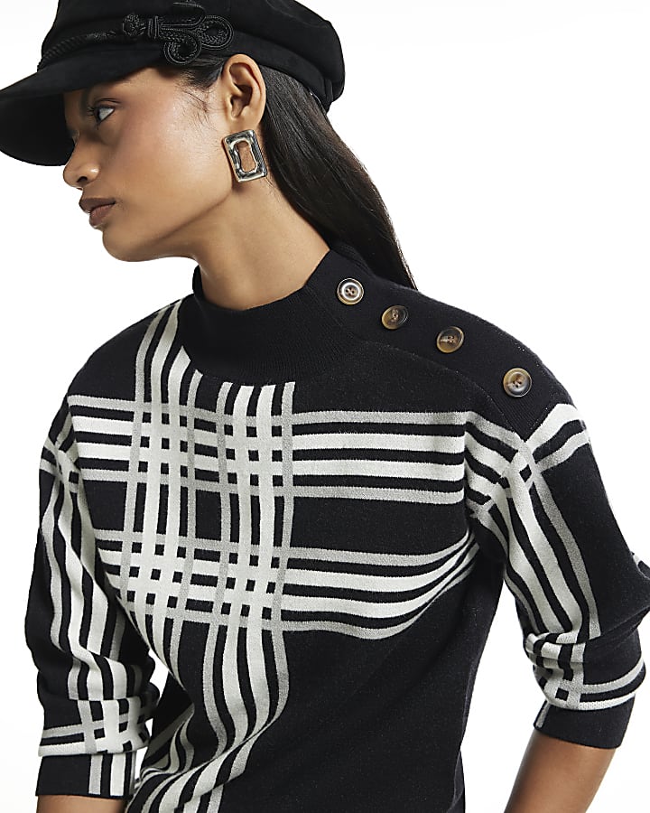 Black Button Check Knit Jumper