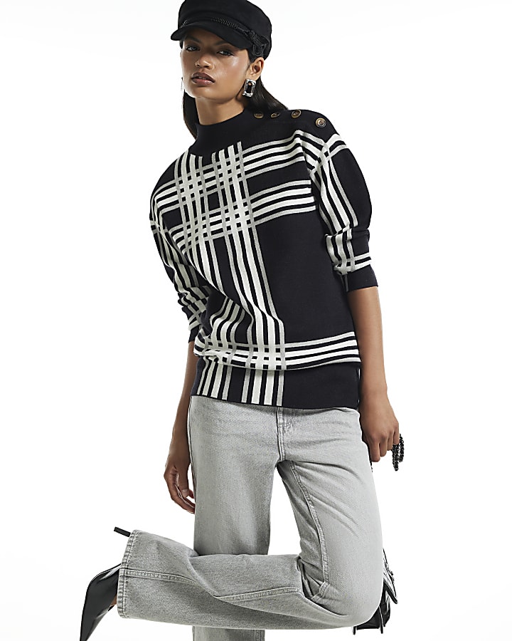 Black Button Check Knit Jumper