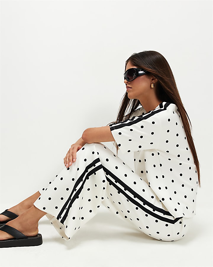 Cream Premium Polka Dot Wide Leg Trousers