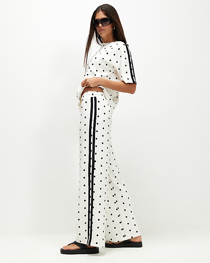 Cream Premium Polka Dot Wide Leg Trousers