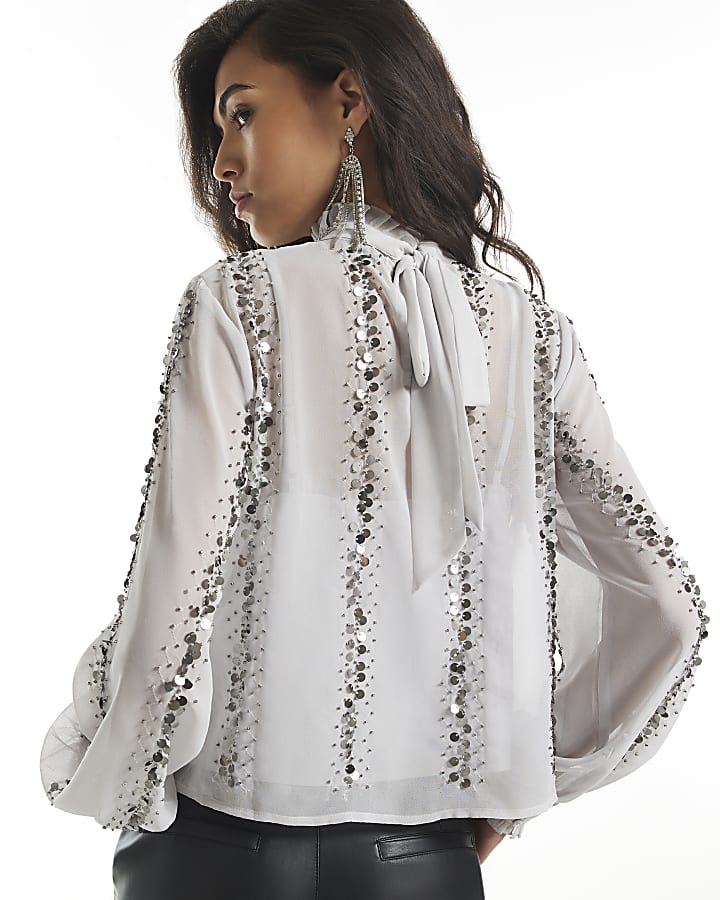 Silver Embellished Sequin Tie Back Top