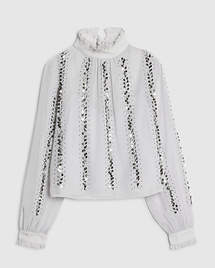Silver Embellished Sequin Tie Back Top